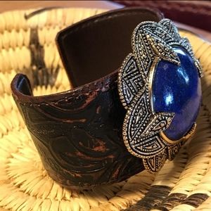 Handcrafted Leather Cuff Bracelet with Deep Blue Stone